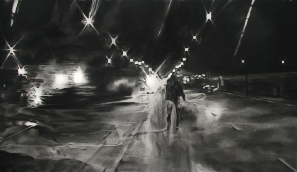 A charcoal picture of a person walking down the street at night.