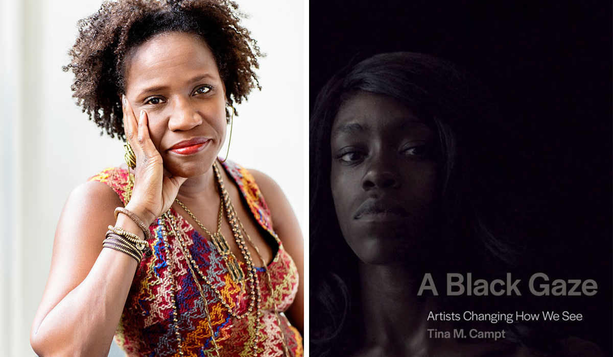 From left to right: Tina M. Campt and an image showing a black woman with the words 