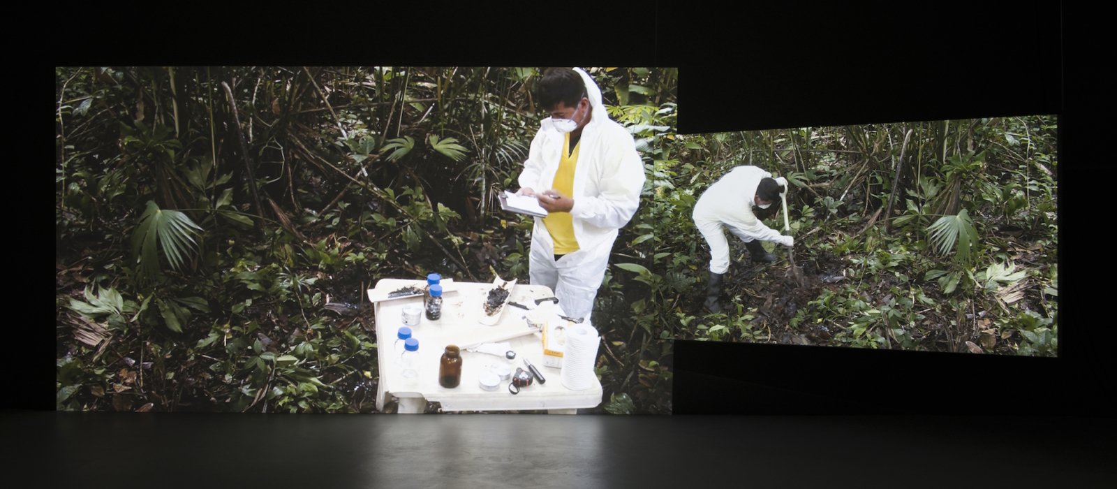 Two pictures showing a person in front of a table with chemicals in a forest.