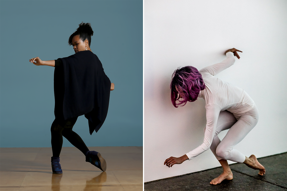 From left to right: a person dressed in black in a dance pose, and a person with purple hair dressed in white in a kneeling pose.