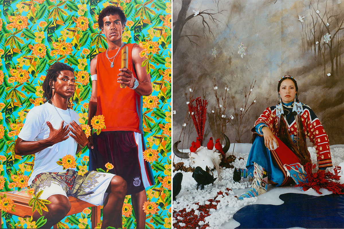 from left to right: A painting of two black people in a field of yellow flowers and a diorama of a native woman.