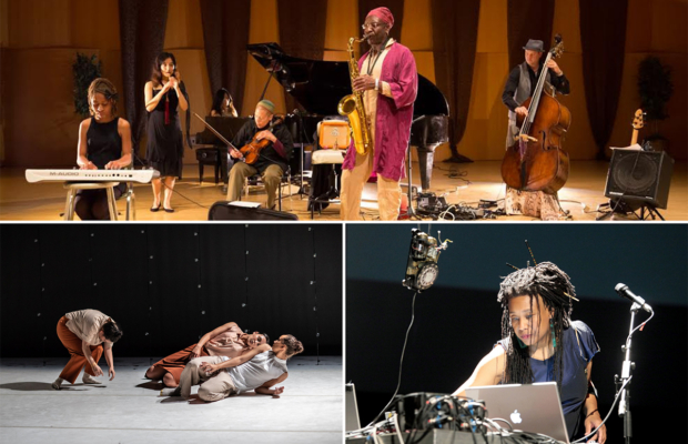 A series of three images: On top, a band plays music, lower left: a group dances, lower right: a person works in a studio.