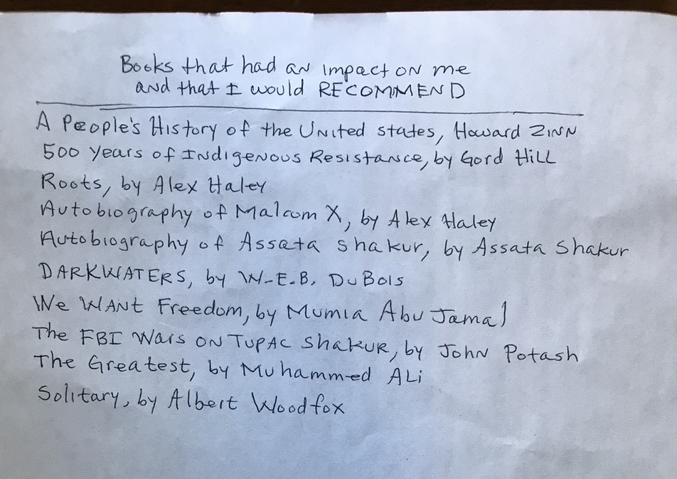 A hand-written list of Tim Young's recommended readings.