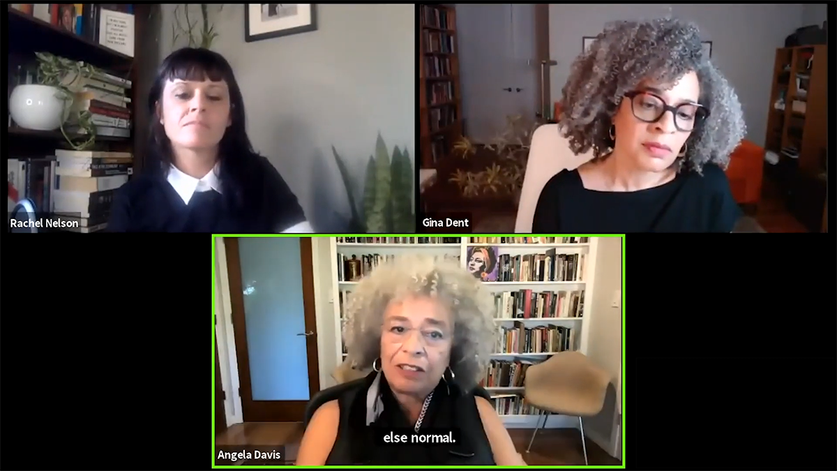 Angela Y. Davis, Rachel Nelson, and Gina Dent, during a Zoom Call.