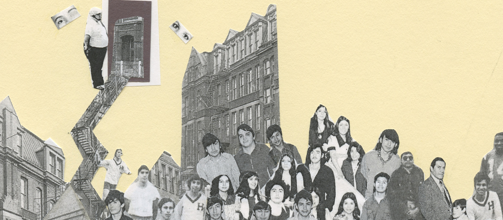 Collage using pictures of Froebel School, a site of the 1973 student uprisings in Chicago.