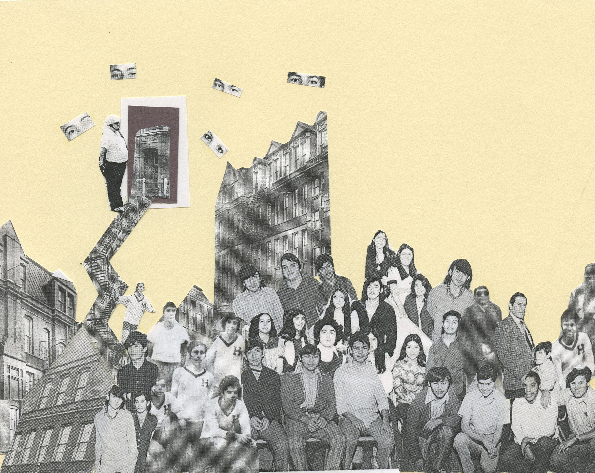 Collage using pictures of Froebel School, a site of the 1973 student uprisings in Chicago.