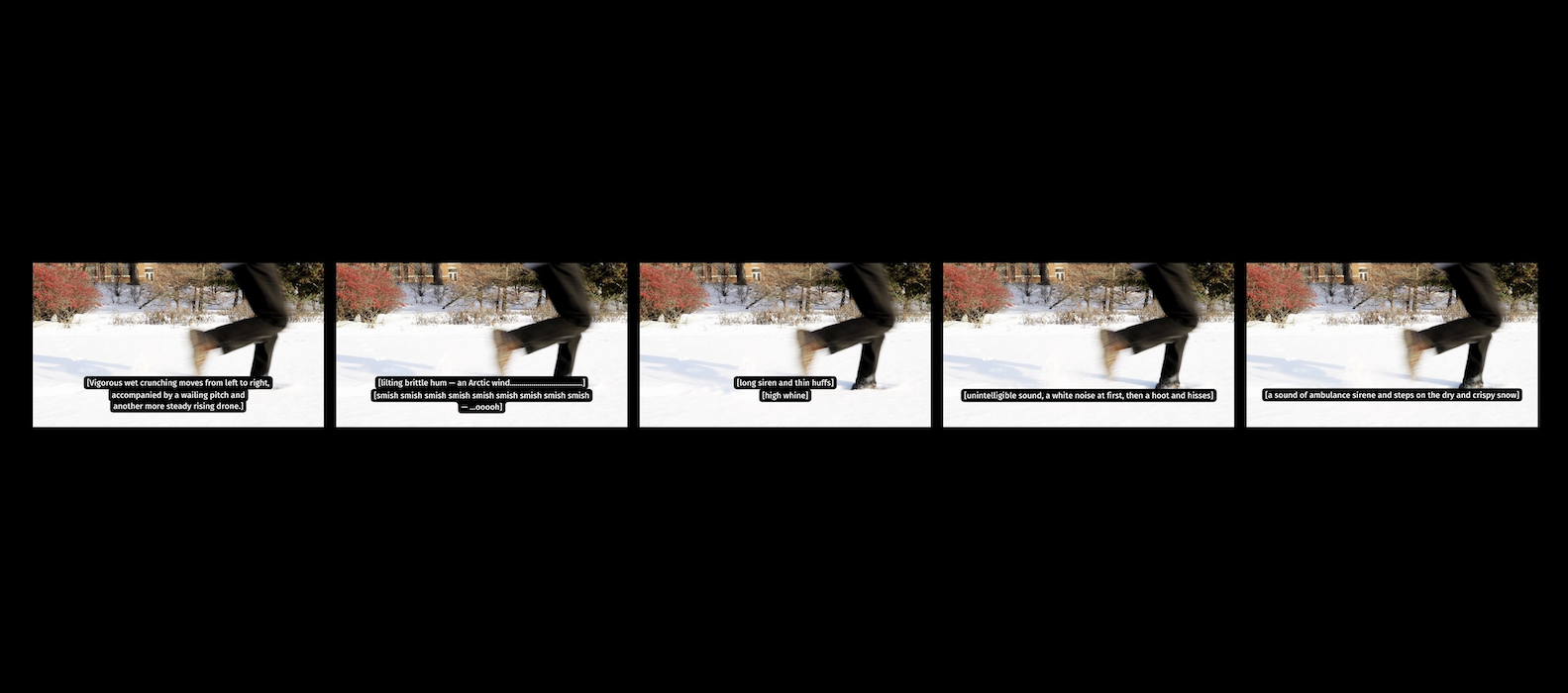 Five monitors showing the same image of someone walking in snow. Each monitor is captioned differently.
