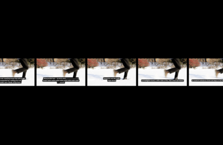 Five monitors showing the same image of someone walking in snow. Each monitor is captioned differently.