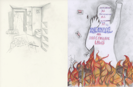2 drawings of images as sights seen from prison cell