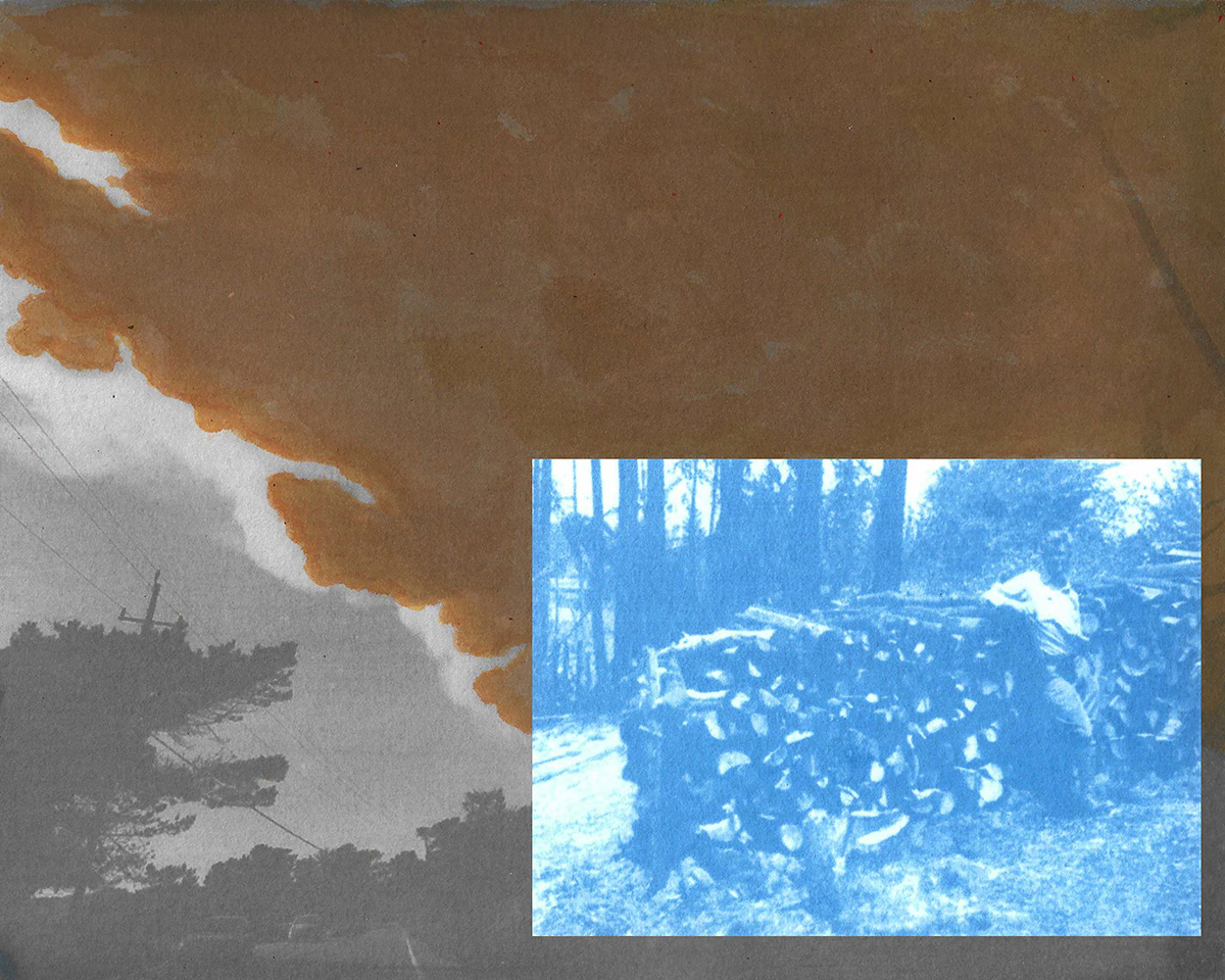 Image of smoke overlaid with a cyanotype of a person and a pile of logs.