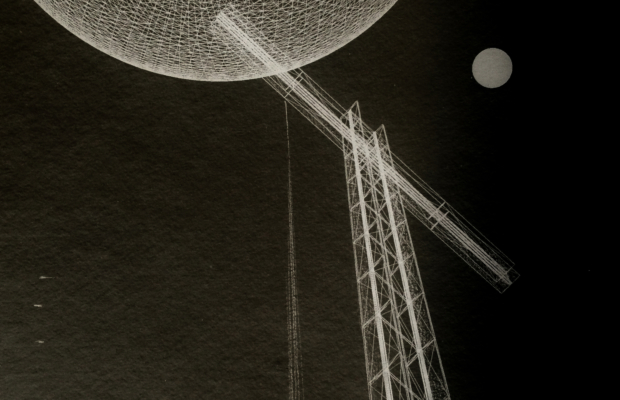 A delicate architectural drawing of a sphere and ladder on black paper.