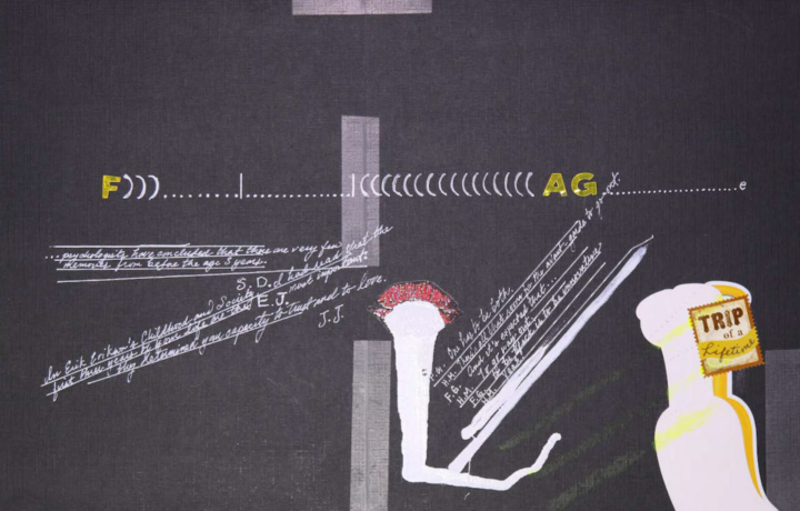 Collage with white, cursive text on black paper