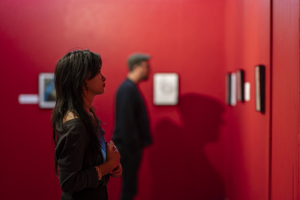 woman looking at art in red room