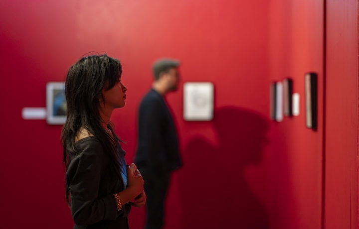 woman looking at art in red room