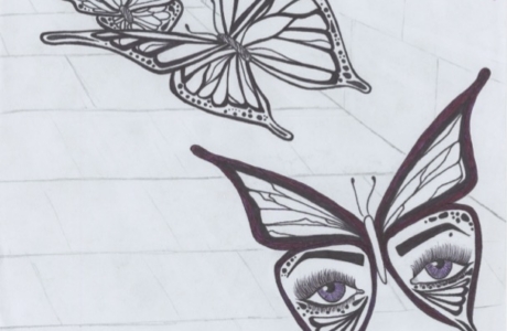 Black and white drawing of butterflies flying past a wall. One of the butterflies is decorated with a pair of purple eyes.